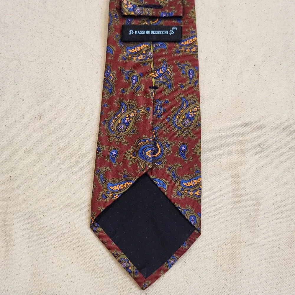 Massimo Bizzocchi Men's Silk Tie Burgundy Red Blue Yellow Paisley Pattern Italy